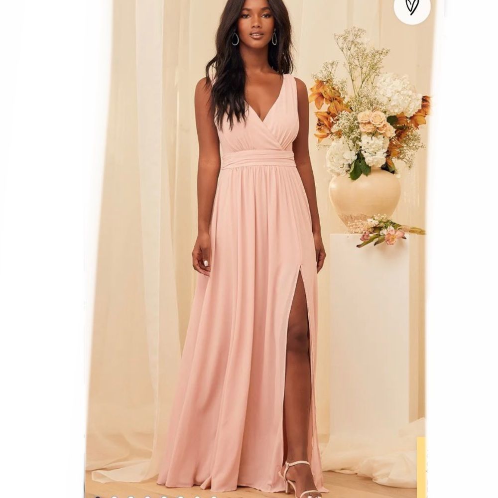 Lulus Thoughts of Hue Blush Pink Surplice V-Back Maxi Dress w Side Slit Xsmall